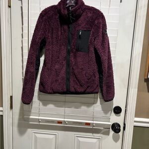 Calvin Klein Plush Teddy Jacket in Deep Plum with Zip Chest Pocket